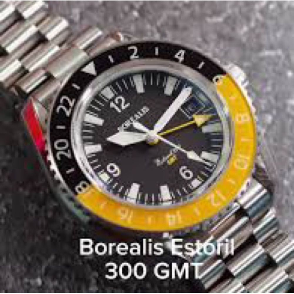 Borealis Estoril 300 Gmt Black Dial Arabic Numbers Date Yellow Bezel Version A